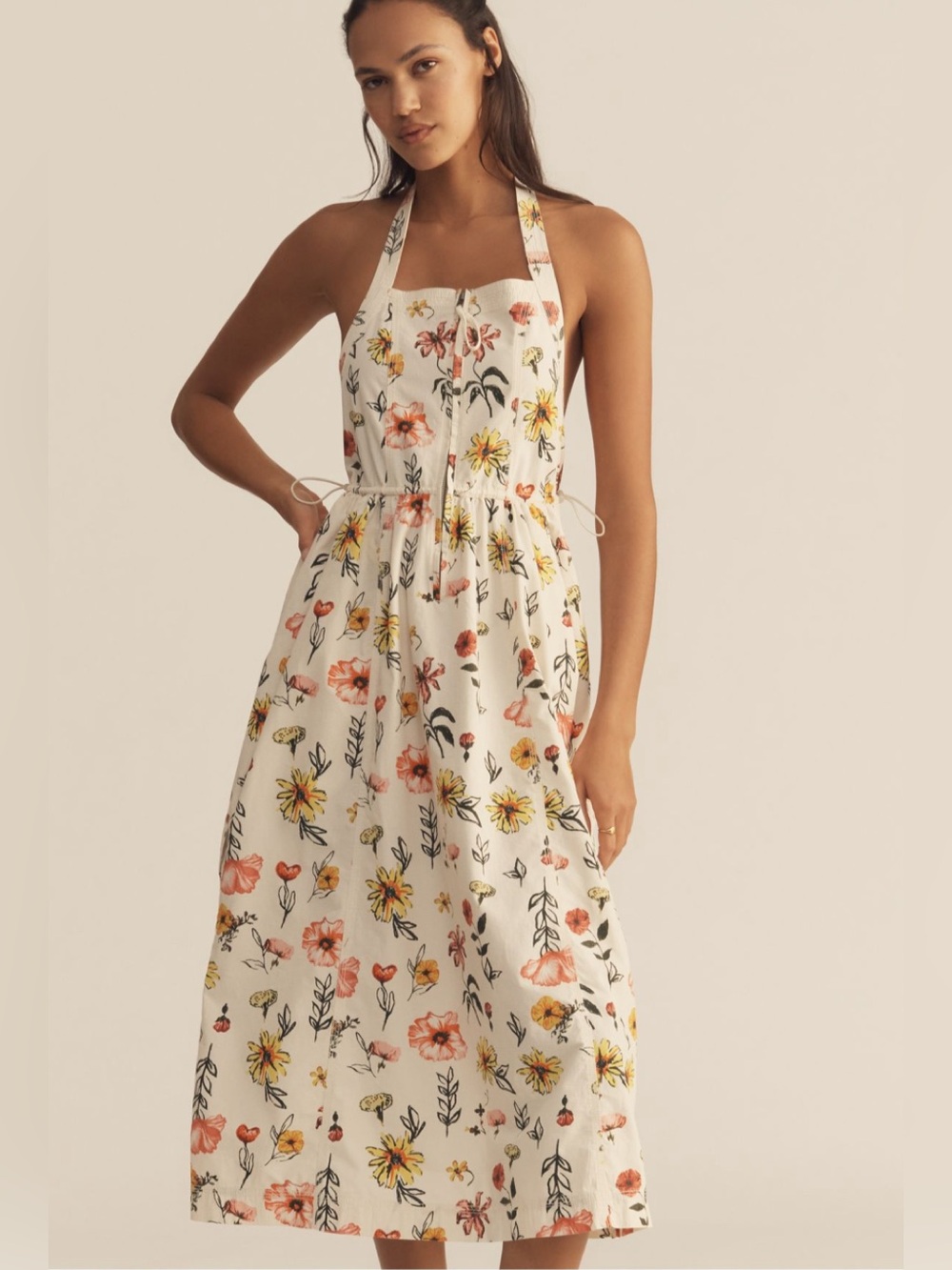 Halter Midi Dress with Floral Print in White